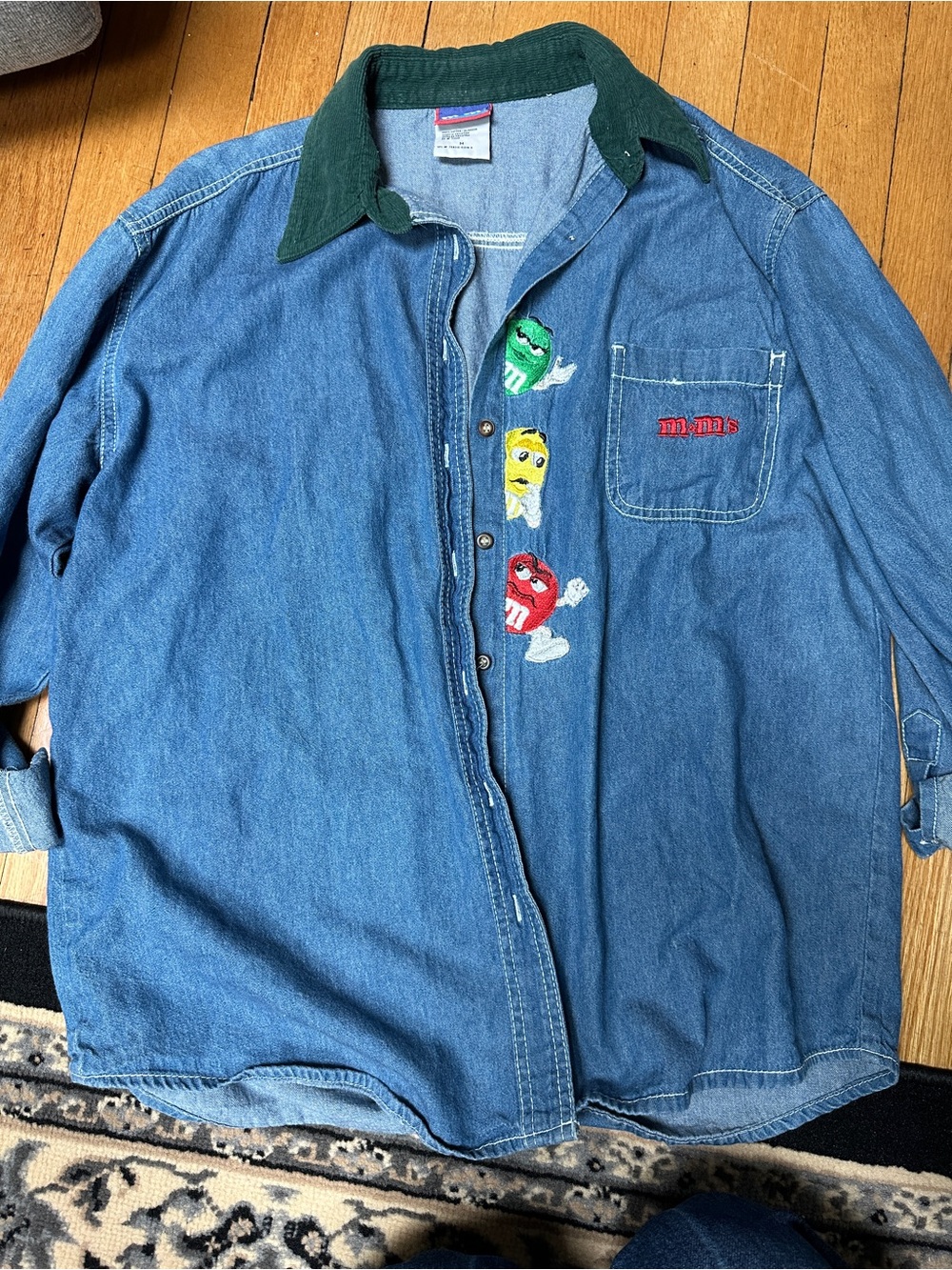 Vintage M&M's Embroidered Denim Button-Up Shirt — Blue with Green Collar